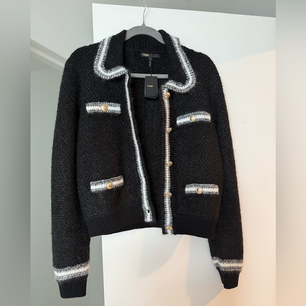 Maje NWT Black and Silver Tweed Cardigan Size 2